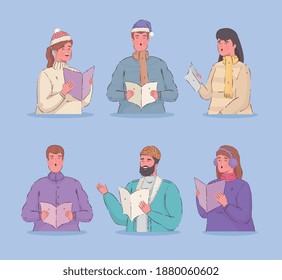 six persons wearing winter clothes singing christmas carols vector illustration design