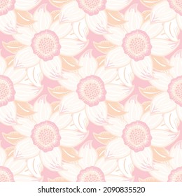 Seis vectores de flores pétalas sin fisuras. Fondo blanco suave y rosa pastel con flores dibujadas a mano y hojas. Los motivos de las plantas de los jardines abarrotados. Repetición textural de verano, ducha de bebé, boda