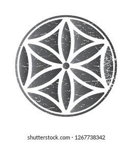 Six petal rosette also known as Sun of the Alps or sacred geometry seed of life symbol. Ancient Sun of the Alps distressed sign isolated.