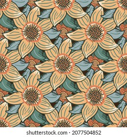 Six petal wildflower vector seamless pattern. Orange green botanical background with hand drawn meadow flowers in arts crafts style. Overlapping plant motifs. Vintage repeat for wellness, packaging