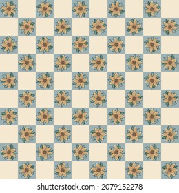Six petal wildflower vector seamless pattern. Mosaic check style blocks of orange green botanical background. Hand drawn meadow flowers in arts crafts style. Vintage repeat for wellness, packaging