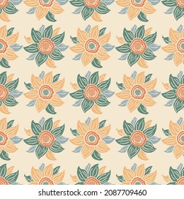 Sechs Blütenblätter mit Blütenblättern, Vektorgrafik mit nahtlosem Muster. Pastellfarbener orangefarbener grüner botanischer Hintergrund mit handgezeichneten Wiesen-Blumen im Kunsthandwerk-Stil. Vintage-Wiederholung geometrischer Pflanzen für Wellness, Verpackung