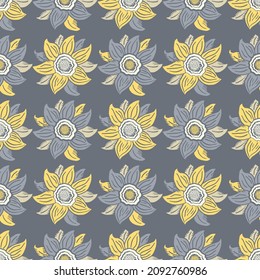 Six petal wildflower vector seamless pattern. Yellow grey botanical background with hand drawn meadow flowers in heritage woodcut style and stripes. Geometric plant motifs. Vintage all over print.