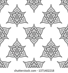 Six petals flower fabric print in black, white colours. Allover vector design for fabric, apparel textile, adult colouring book, interior, wallpaper, phone case. Monochrome seamless floral motif