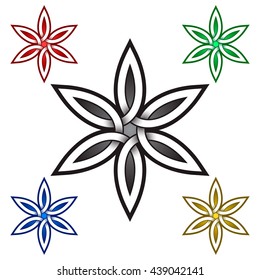 Six petals flower logo template in Celtic style. Tribal tattoo symbol. Silver stamp for jewelry design and samples of red, green, blue and golden colors.