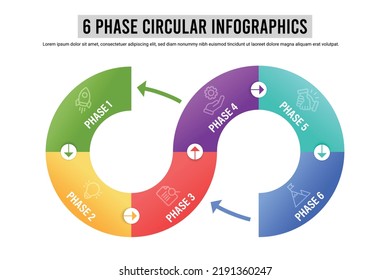 Seis fases del concepto de proceso cíclico de desarrollo empresarial. Gráfico de símbolos infinitos dividido en 6 partes. Ilustración de diseño infográfico.