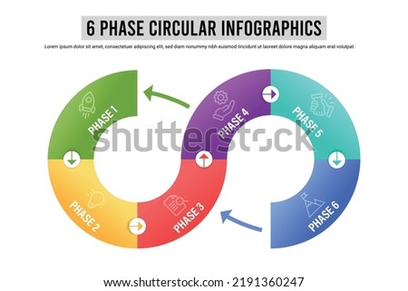 Six phase cyclical business development process concept. Infinity symbol chart divided into 6 parts. Infographic design illustration.