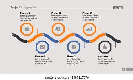 Six phase process chart design. Element of chart, diagram, infographic. Concept for presentation, annual report, slide template. Can be used for topics like business, plan, strategy