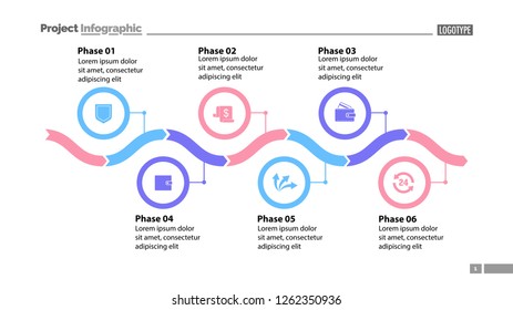 Six phase process chart slide template design. Element of chart, diagram, infographic. Concept for presentation, annual report, web design. Can be used for topics like business, finance, banking