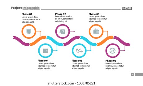 Six phase process chart slide template design. Element of chart, diagram, infographic. Concept for presentation, annual report, web design. Can be used for topics like business, finance, banking