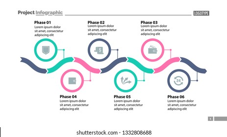 Six phase process chart slide template design. Element of chart, diagram, infographic. Concept for presentation, annual report, web design. Can be used for topics like business, finance, banking