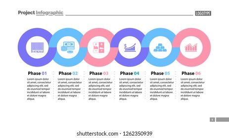 Six phases timeline slide template. Business data. Graph, chart, design. Creative concept for infographic, report. Can be used for topics like money, finances, economics