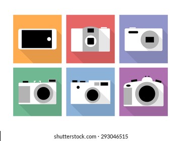 Six photographic equipment, set of vector icons, flat design
