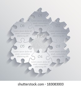 Six piece flat puzzle infographic presentation. 6 step circle business diagram. Six section compare service banner. Vector illustration template shape