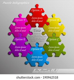 Six piece flat puzzle infographic presentation. 6 step circle business diagram. Six section compare service banner. Vector illustration template shape . 3d Abstract Background