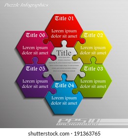 Six piece flat puzzle infographic presentation. 6 step circle business diagram. Six section compare service banner. Vector illustration template shape . 3d Abstract Background