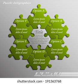 Six piece flat puzzle infographic presentation. 6 step circle business diagram. Six section compare service banner. Vector illustration template shape . 3d Abstract Background