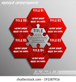 Six piece flat puzzle infographic presentation. 6 step circle business diagram. Six section compare service banner. Vector illustration template shape . 3d Abstract Background