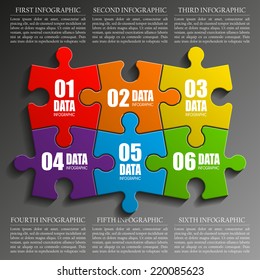 Six piece flat puzzle round infographic presentation. 6 step circle business diagram. Six section compare service banner. Vector illustration template shape . 3d Abstract Background