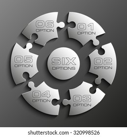 Six piece flat puzzle round infographic presentation. 6 step circle business diagram. Six section compare service banner. Vector illustration template shape . 3d Abstract Background