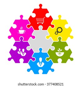 Six piece flat puzzle round infographic presentation. 6 step circle business diagram. Six section compare service banner. Vector illustration template shape . 3d Abstract Background