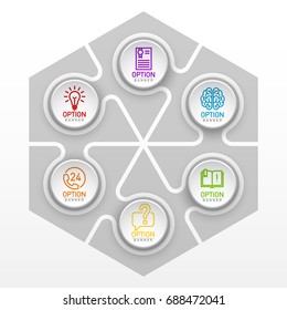 Six piece flat puzzle round infographic presentation. 6 step circle business diagram. Six section compare service banner. Vector illustration template shape . 3d Abstract Background