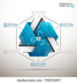 Six piece flat puzzle round infographic presentation. 6 step circle business diagram. Three section compare service banner. Vector illustration template shape . 3d Abstract Background