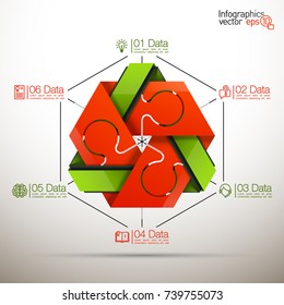 Six piece flat puzzle round infographic presentation. 6 step circle business diagram. Six section compare service banner. Vector illustration template shape . 3d Abstract Background