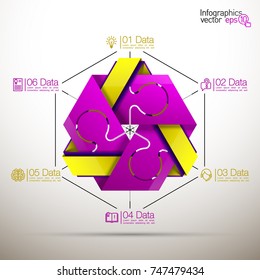 Six piece flat puzzle round infographic presentation. 6 step circle business diagram. Six section compare service banner. Vector illustration template shape . 3d Abstract Background