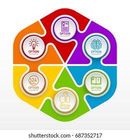 Six piece flat round puzzle infographic presentation. 6 step circle business diagram. Six section compare service banner. Vector illustration template shape . Abstract Background