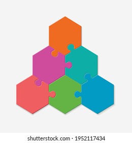 Six pieces of a hexagon puzzle. Hexagonal mosaic infographics.