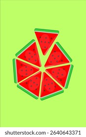 six pieces of melon from red triangles on pustel color background. Modern art minimalist style design template for sale, horizontal poster, header, cover, social media, fashion ads, games.