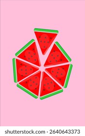 six pieces of melon from red triangles on pustel color background. Modern art minimalist style design template for sale, horizontal poster, header, cover, social media, fashion ads, games.