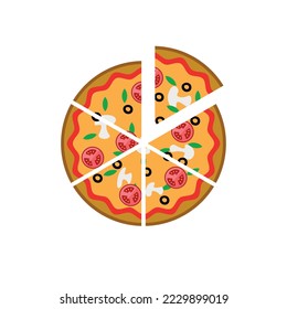 Six pieces of pizza fraction. Fraction for kids. Pizza slices. Fraction fun with pizza. vector illustration isolated on white background.