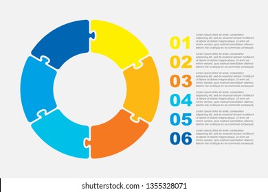 Six pieces puzzle circles diagram. Circles business presentation infographic. 6 steps, parts, pieces of process diagram. Section compare banner. Jigsaw puzzle info graphic. Marketing strategy.