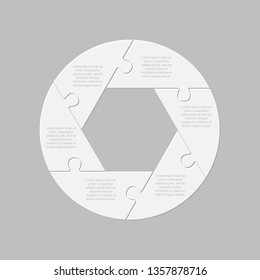 Six pieces puzzle circles diagram. Circles business presentation infographic. 6 steps, parts, pieces of process diagram. Section compare banner. Jigsaw puzzle info graphic. Marketing strategy.