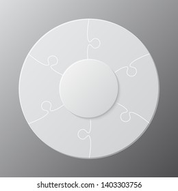 Six pieces puzzle circles diagram. Circles business presentation infographic. 6 steps, parts, pieces of process diagram. Section compare banner. Jigsaw puzzle info graphic. Marketing strategy.