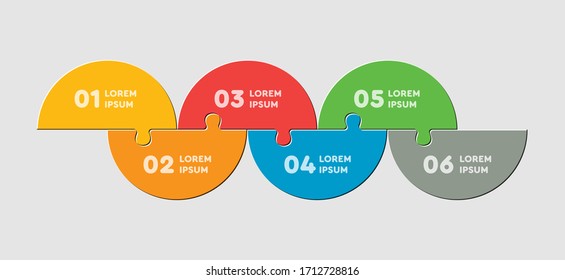 Six Pieces Puzzle Half Circles Diagram. Circles Business Presentation Infographic. 6 Steps, Parts, Pieces Of Process Diagram. Section Compare Banner. Jigsaw Puzzle Info Graphic. Marketing Strategy.