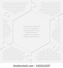 Six pieces puzzle hexagonal diagram. Hexagon business presentation infographic. 6 steps, parts, pieces of process diagram. Section compare banner. Jigsaw puzzle info graphic. Marketing strategy.