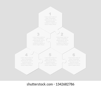 Six pieces puzzle hexagonal diagram. Hexagon business presentation infographic. 6 steps, parts, pieces of process diagram. Pyramid compare banner. Jigsaw puzzle info graphic. Marketing strategy.