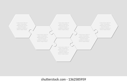 Six pieces puzzle hexagonal diagram. Hexagon business presentation infographic. 6 steps, parts, pieces of process diagram. Section compare banner. Jigsaw puzzle info graphic. Marketing strategy.