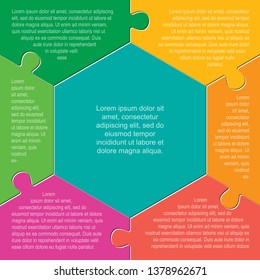 Six pieces puzzle hexagonal diagram. Hexagon business presentation infographic. 6 steps, parts, pieces of process diagram. Section compare banner. Jigsaw puzzle info graphic. Marketing strategy.