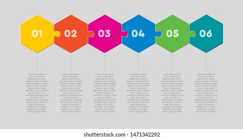 Six pieces puzzle hexagonal diagram. Hexagon business presentation infographic. 6 steps, parts, pieces of process diagram. Section compare banner. Jigsaw puzzle info graphic. Marketing strategy.