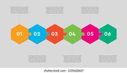Seis piezas puzzle diagrama hexagonal. Infografía de presentación de negocios de Hexagon. 6 pasos, partes, partes del diagrama de procesos. Banner de comparación de sección. Gráfico informativo del rompecabezas. Estrategia de marketing.
