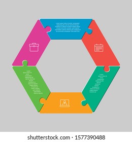 Six pieces puzzle hexagonal diagram. Hexagon business presentation infographic. 6 steps, parts, pieces of process diagram. Section compare banner. Jigsaw puzzle info graphic. Marketing strategy.
