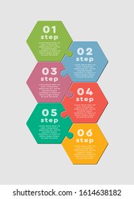 Six pieces puzzle hexagonal diagram. Hexagon business presentation infographic. 6 steps, parts, pieces of process diagram. Section compare banner. Jigsaw puzzle info graphic. Marketing strategy.
