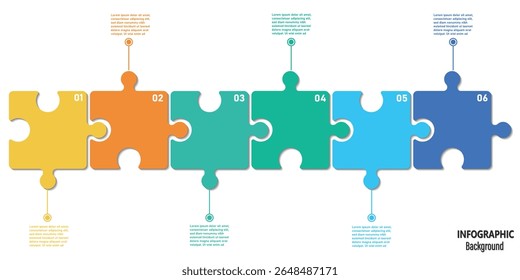 Six pieces puzzle infographic. Puzzle pieces vector set. Puzzle jigsaw on white background. Set of puzzle pieces. Vector illustration