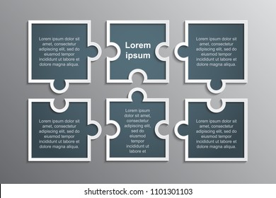 Six pieces puzzle squares diagram. Squares business presentation infographic. 6 steps, parts, pieces of process diagram. Section compare banner. Jigsaw puzzle info graphic.Marketing strategy.