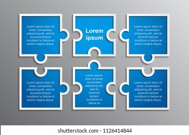 Six pieces puzzle squares diagram. Squares business presentation infographic. 6 steps, parts, pieces of process diagram. Section compare banner. Jigsaw puzzle info graphic.Marketing strategy.