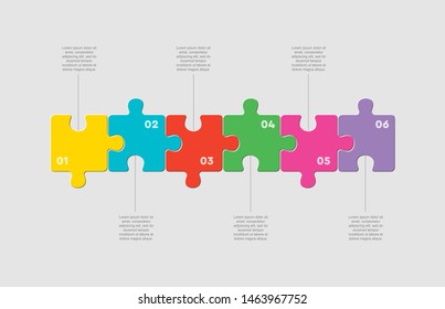 Six pieces puzzle squares diagram. Squares business presentation infographic. 6 steps, parts, pieces of process diagram. Section compare banner. Jigsaw puzzle info graphic. Marketing strategy.